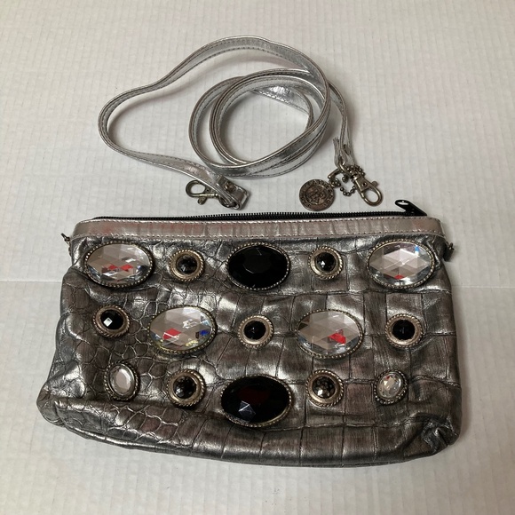Leather Rock Silver Croc Embossed Leather Purse With Large Rhinestones 47" Strap - Picture 1 of 8